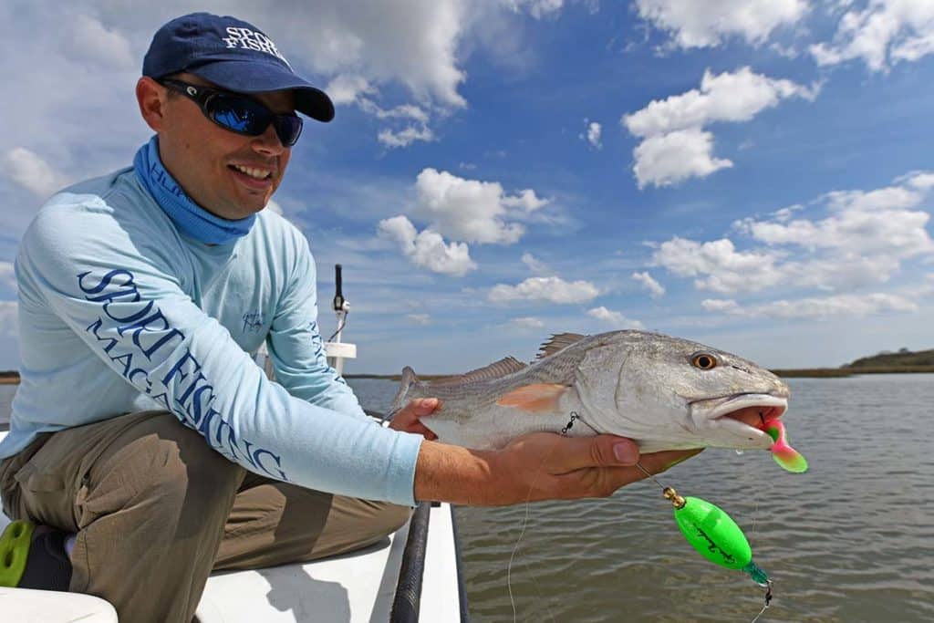 redfish catch with popping cork plastic rig inshore saltwater fishing tackle