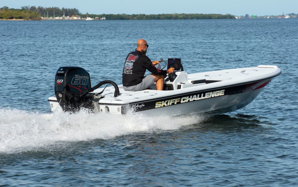 Yellowfin 17 Carbon Elite running across a bay