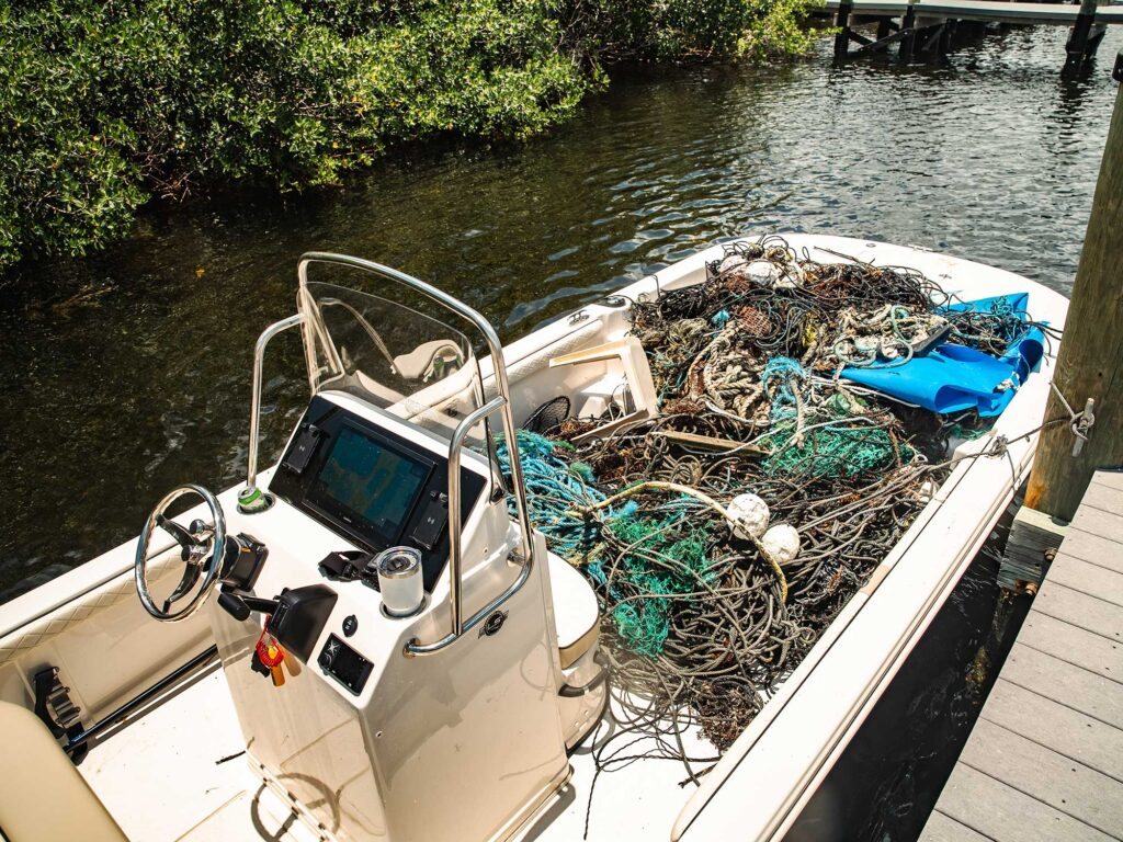 Skiff with ghost nets